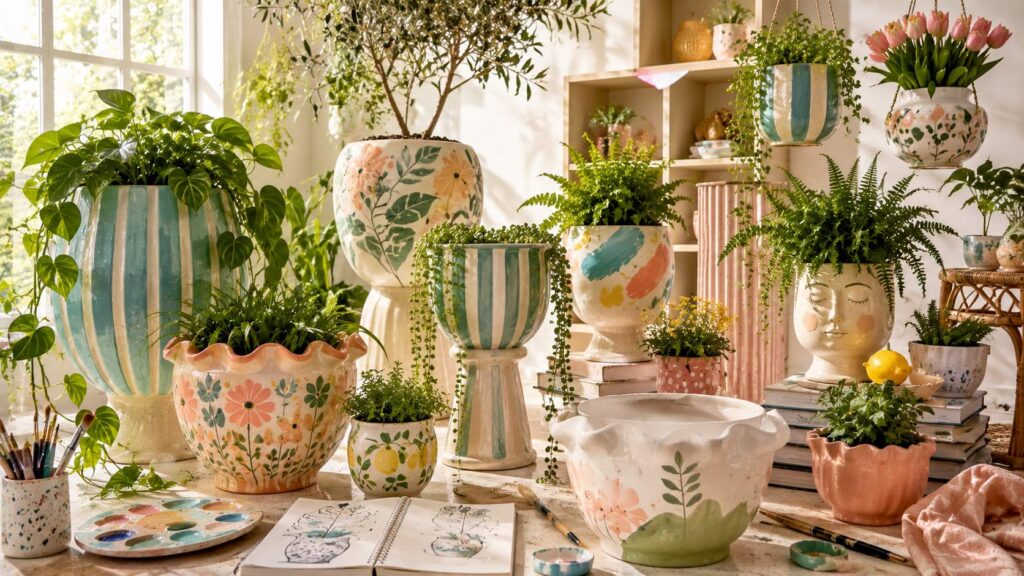 Hand-painted ceramic planters for stylish home decor featuring colorful floral patterns, striped pottery, artisan planters, lush greenery, and luxury spring interior styling