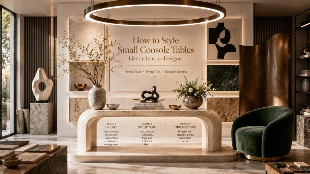 Luxury interior design studio showcasing how to style small console tables with designer decor, sculptural accessories, greenery, books, and balanced styling composition.