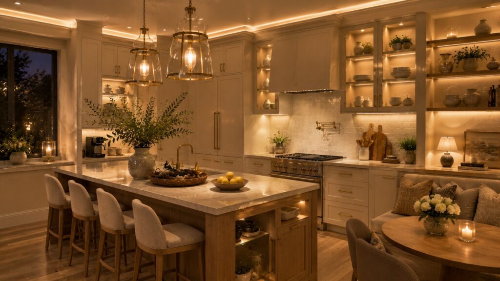 Luxury small kitchen with layered lighting, brass pendant lights, illuminated shelving, under-cabinet LED lighting, warm ambient glow, nest-inspired decor, and modern organic kitchen design.