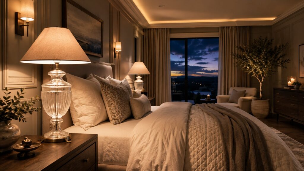 Layered lighting bedroom design featuring luxury table lamp, warm ambient lighting, elegant bedroom decor, and cozy home decor inspiration.
