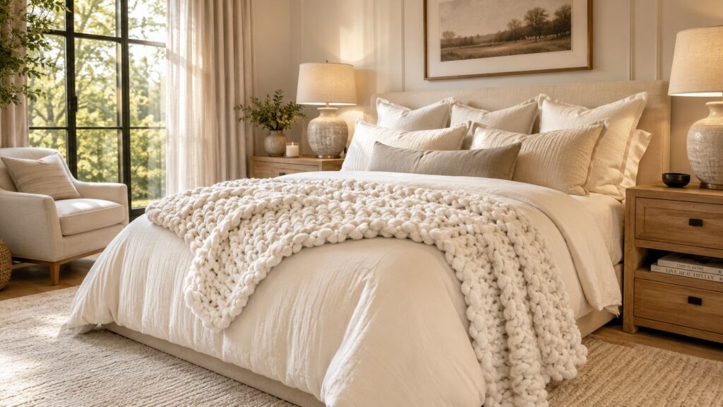 Layered luxury bedding with chunky knit throw blanket in a cozy bedroom featuring warm lighting and elegant home decor.