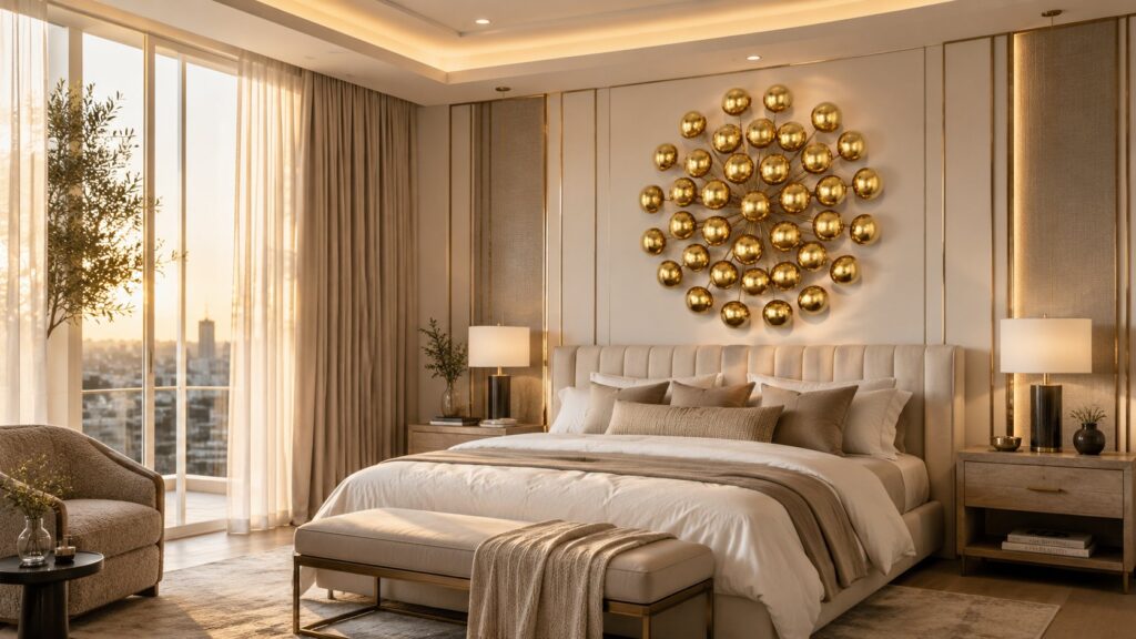 Luxury bedroom featuring gold statement wall art, elegant bedding, warm lighting, and sophisticated home decor inspiration.