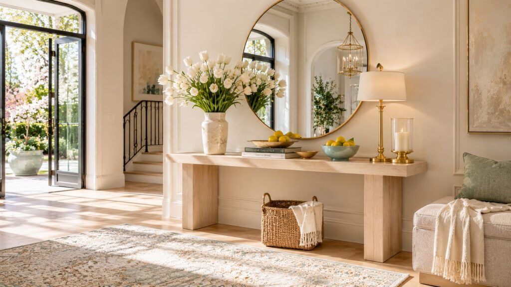 Luxury spring entryway decor featuring a white oak console table, oversized brass mirror, fresh white tulips, citrus accents, and elegant seasonal styling