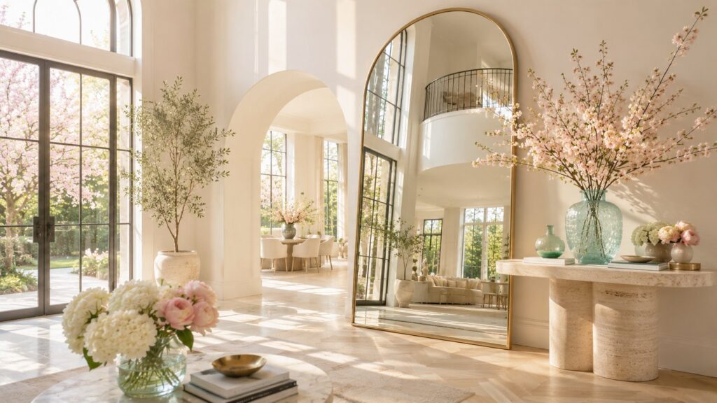 Luxury spring interior featuring an oversized arched mirror reflecting natural sunlight, cherry blossoms, and elegant designer decor