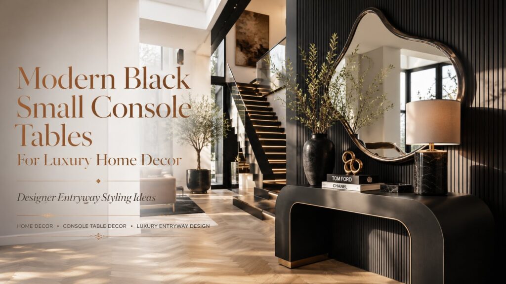 Modern black small console table styled in a luxury entryway with sculptural mirror, designer decor, floating staircase, and contemporary home decor accents.