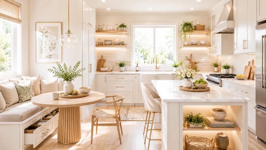 Modern bright small kitchen with light-colored cabinetry, smart storage bench, multifunctional island, open shelving, nest-inspired home decor, natural sunlight, and luxury space-saving design.