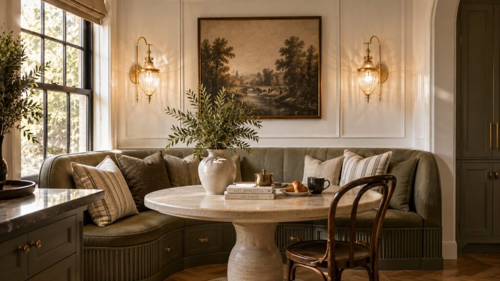 Luxury breakfast nook with paired brass wall sconces, fluted banquette seating, striped linen cushions, travertine pedestal table, and vintage European artwork.