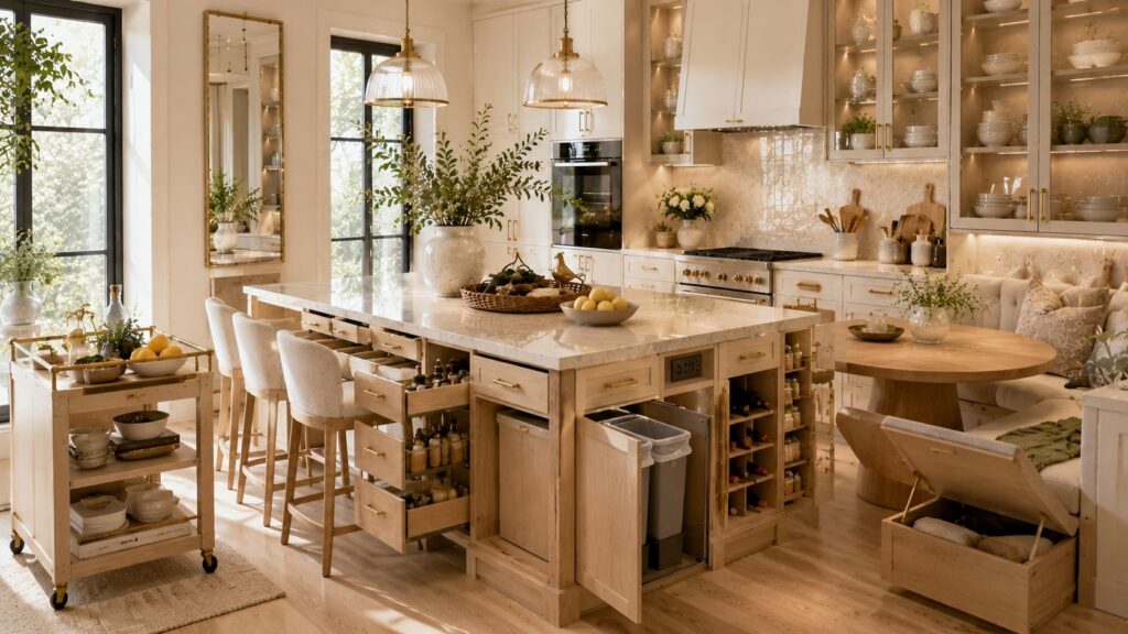 Luxury small kitchen featuring a multifunctional island with hidden storage, built-in wine rack, storage bench seating, rolling cart, and smart space-saving furniture in a modern organic design.