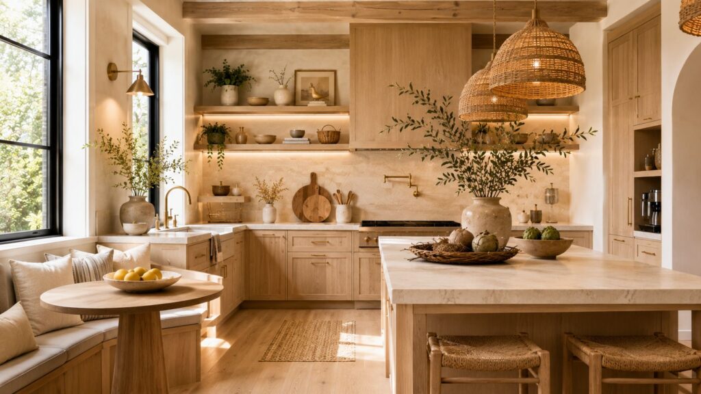 Organic modern kitchen featuring natural materials, white oak cabinetry, travertine countertops, woven rattan lighting, artisan pottery, nest-inspired decor, and warm luxury home styling.