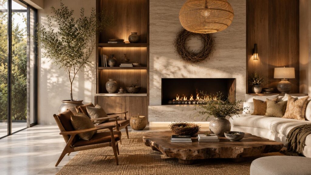 Natural materials in nest inspired home decor featuring walnut wood paneling, limestone fireplace, live-edge coffee table, woven nest decor, artisan pottery, and luxury organic modern living room