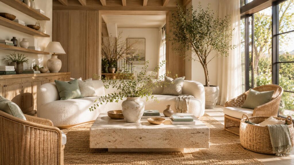 Luxury spring home decor featuring natural textures, woven rattan chairs, linen sofa, travertine coffee table, and organic modern interior design