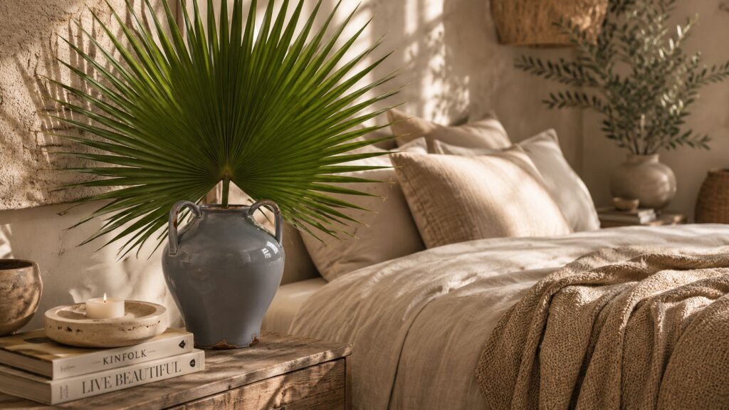 Ceramic vase with palm leaf in a cozy bedroom featuring natural textures, layered bedding, organic decor, and luxury home decor styling.