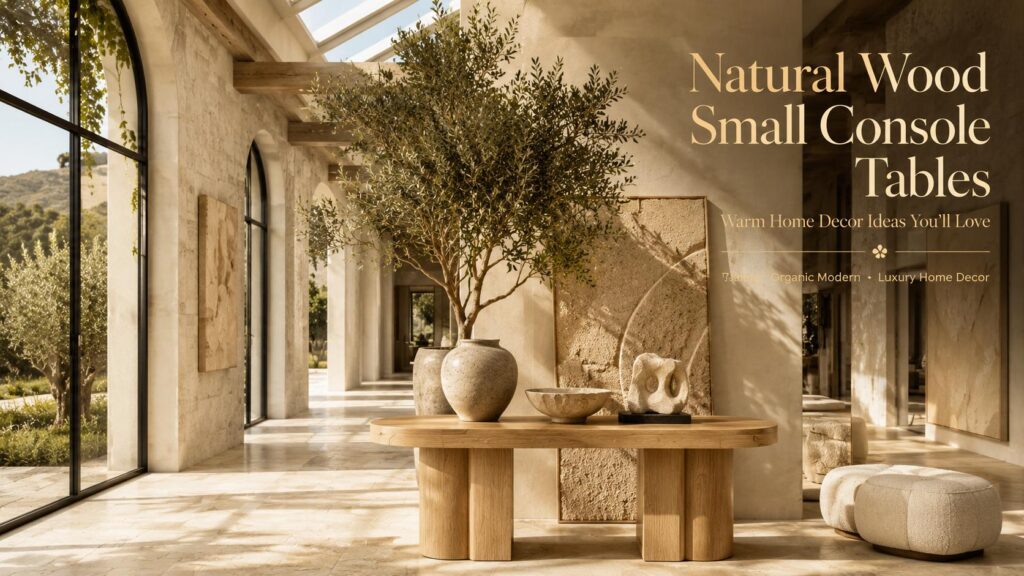 Natural wood small console table styled in a luxury California-inspired hallway with olive tree, sculptural decor, travertine accents, and warm organic modern home decor.