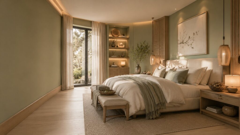 Nest inspired bedroom home decor featuring luxury layered bedding, soft sage green walls, warm lighting, natural materials, woven nest decor, and relaxing Japandi-style interior design.