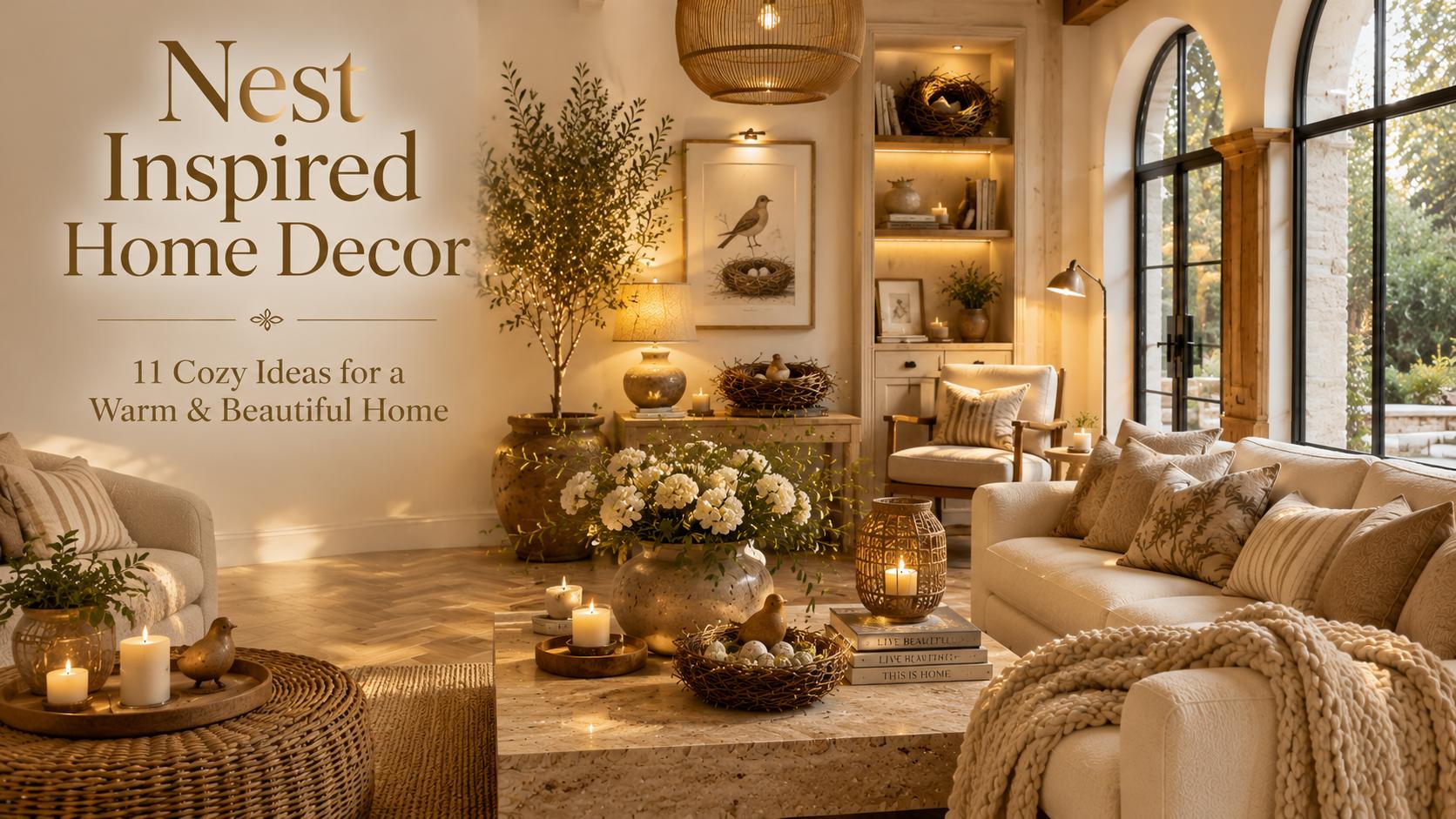 Nest inspired home decor living room featuring layered lighting, bird nest decor, cream boucle sofa, travertine coffee table, and luxury organic modern interior design.