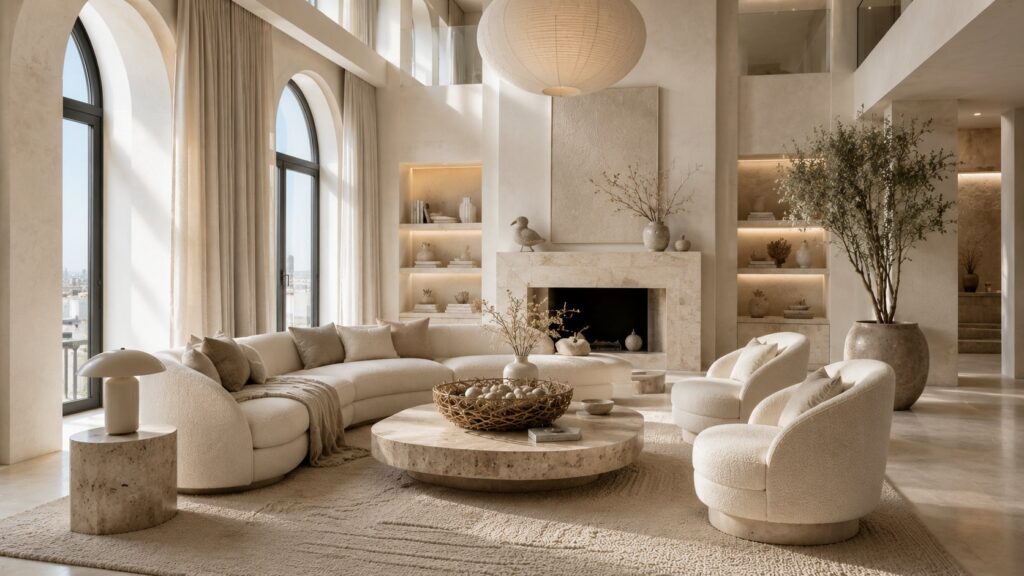 Neutral color nest inspired home decor featuring ivory boucle seating, travertine coffee table, soft natural lighting, bird-inspired decor, and luxury quiet-luxury living room design.