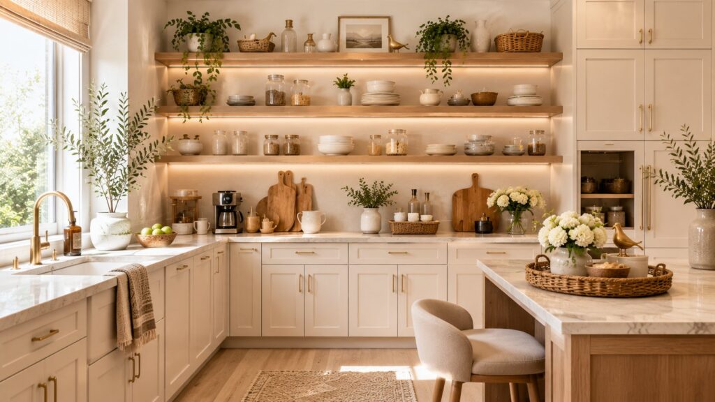 Modern small kitchen with open shelving, white oak floating shelves, integrated LED lighting, organized kitchen storage, nest-inspired home decor, and luxury functional home styling.