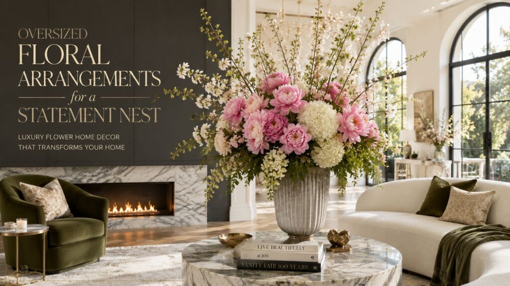 Oversized floral arrangement in a luxury designer nest featuring pink peonies, white hydrangeas, marble coffee table, curved ivory sofa, and elegant flower home decor in a sunlit living room.