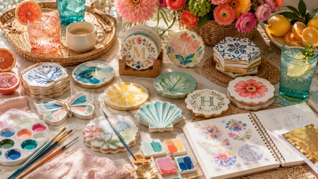 Personalized ceramic coasters for functional home decor featuring hand-painted floral coasters, monogrammed ceramic designs, citrus motifs, artisan craftsmanship, and luxury tabletop styling