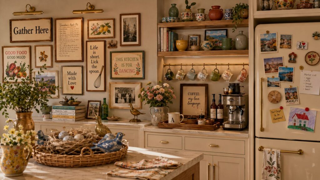 Personalized luxury kitchen with gallery wall art, framed kitchen quotes, artisan mug display, colorful handmade pottery, travel photos, decorative fridge magnets, nest-inspired decor, and warm modern farmhouse styling.