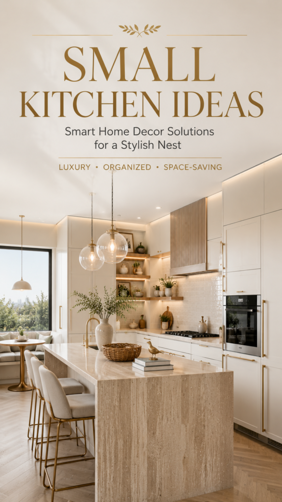 Luxury small kitchen ideas pin featuring a bright modern organic kitchen with travertine waterfall island, champagne brass accents, open shelving, breakfast nook, and elegant editorial typography for stylish nest home decor inspiration.