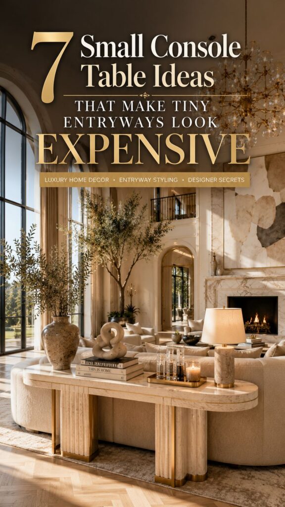 Luxury Pinterest pin featuring a designer console table behind a curved sofa in a bright modern home with elegant decor and small console table ideas for stylish entryways.