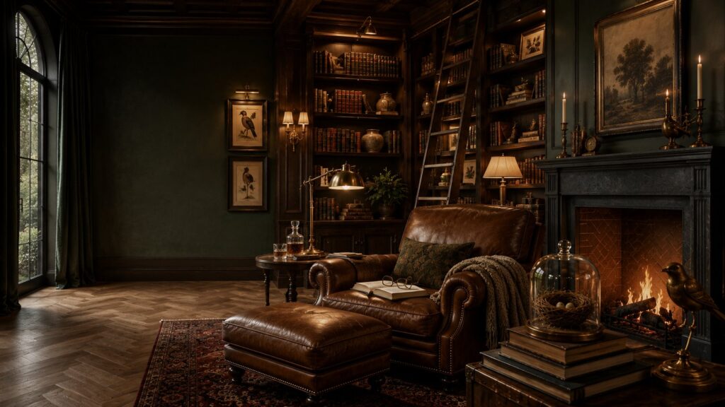 Reading nest with thoughtful home decor featuring cognac leather armchair, floor-to-ceiling walnut bookshelves, layered lighting, bird nest decor, fireplace, and luxury dark academia library design.