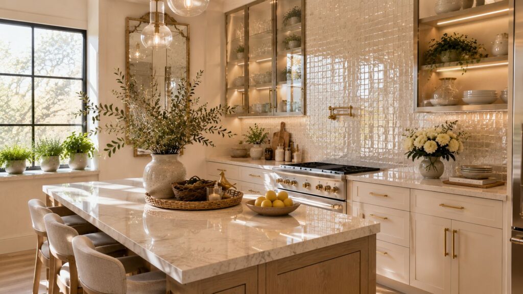 Luxury small kitchen with glossy zellige tile backsplash, reflective stone countertops, glass-front cabinets, antique mirror accents, champagne brass hardware, and bright space-enhancing home decor.