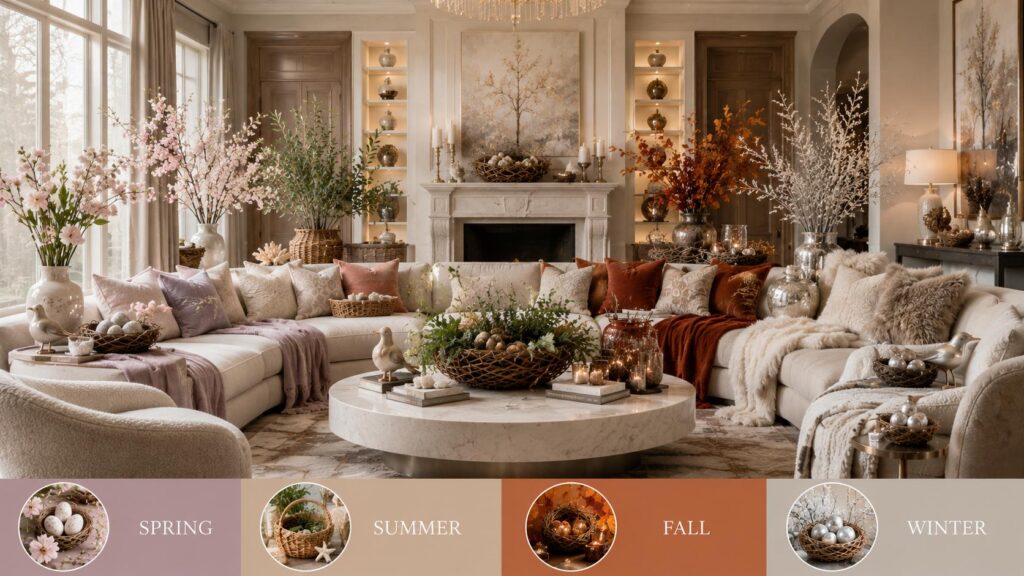 Seasonal nest inspired home decor featuring luxury spring, summer, fall, and winter styling, woven bird nests, designer accessories, layered textures, and elegant year-round living room design.