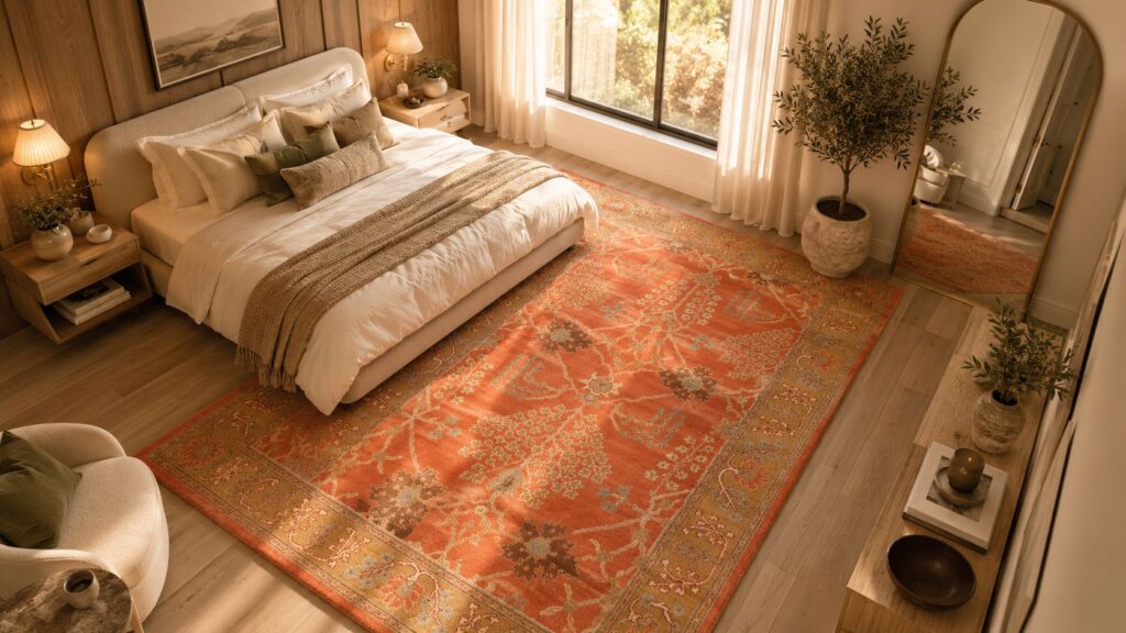Small bedroom decor featuring a luxury terracotta area rug, cozy bedroom styling, natural textures, and spacious home decor inspiration.