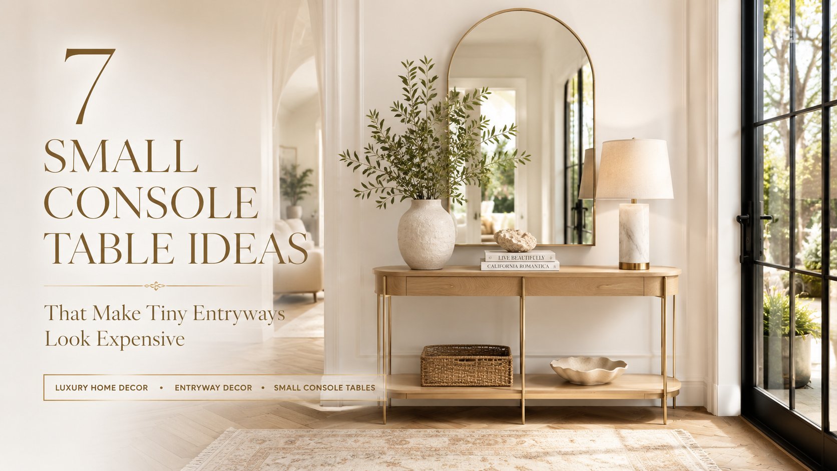 Luxury small console table styled in a modern entryway with arched mirror, designer decor, and elegant home decor accents for a sophisticated entryway design.