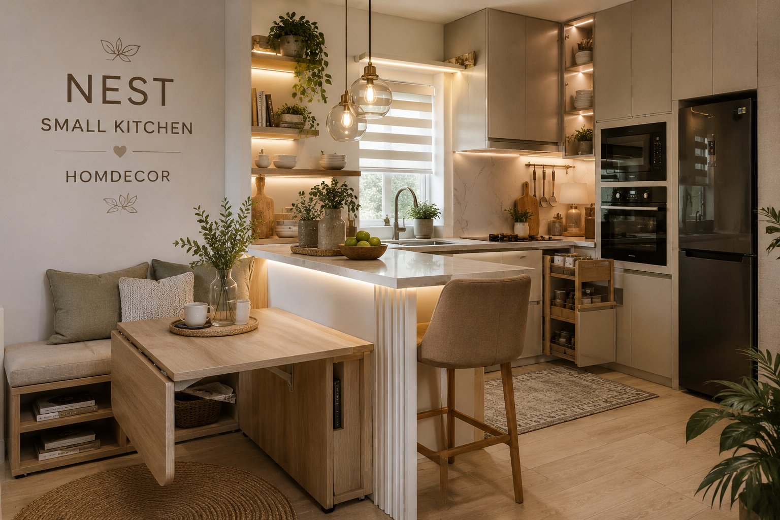 Small kitchen ideas for a stylish nest featuring multifunctional furniture, smart storage solutions, modern home decor, warm lighting, open shelving, and luxury space-saving kitchen design.