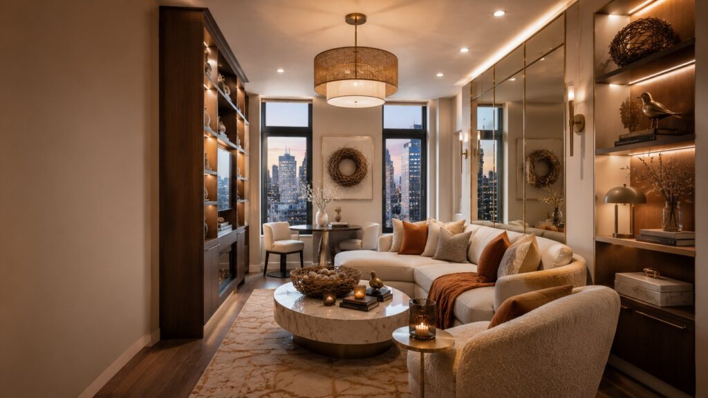 Small space nest home decor featuring a luxury Manhattan-style apartment living room, custom built-ins, mirror wall, woven nest decor, brass accents, and space-saving designer furniture.