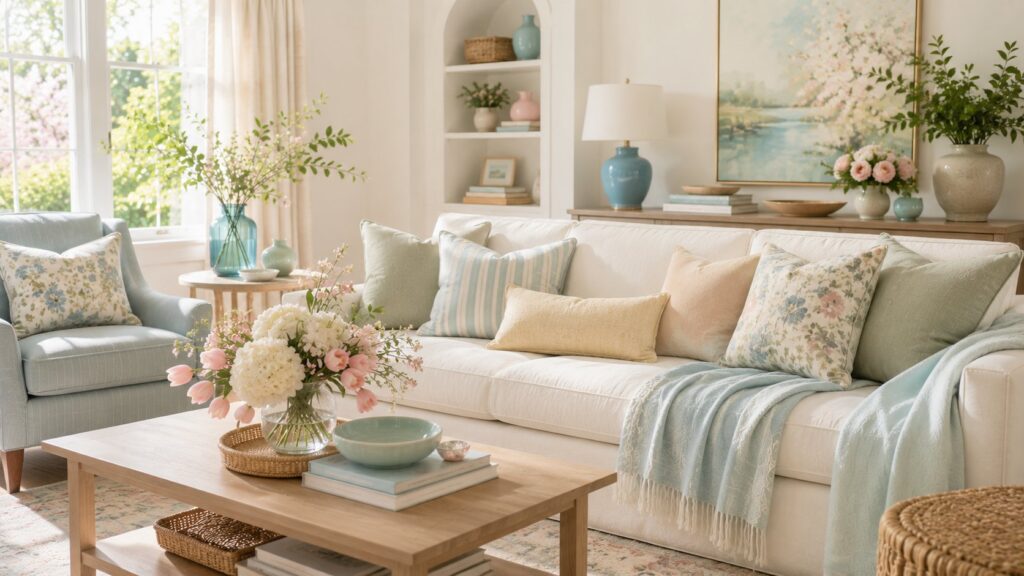 Luxury spring home decor featuring aqua accents, floral and striped pillows, fresh flowers, and soft pastel colors in a bright designer living room