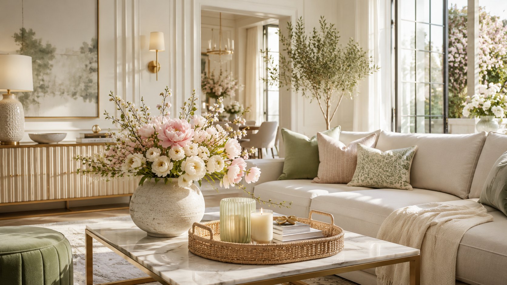 Spring home decor ideas featuring a luxury living room with fresh flowers, soft pastel accents, natural textures, and bright seasonal styling
