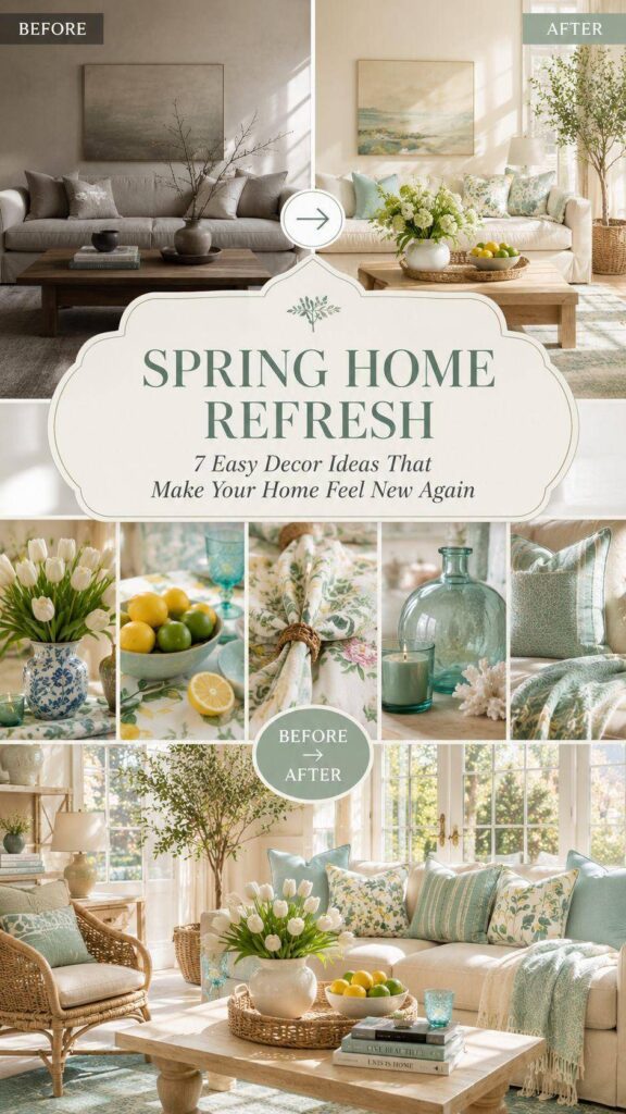 Spring home refresh Pinterest pin featuring a luxury before-and-after living room makeover with fresh flowers, aqua accents, citrus decor, and bright seasonal styling 