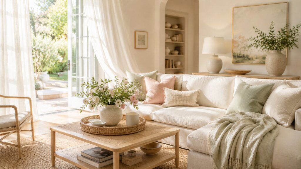 Luxury spring home decor featuring a linen sofa, sheer curtains, lightweight cotton textiles, and airy seasonal styling in a bright modern living room
