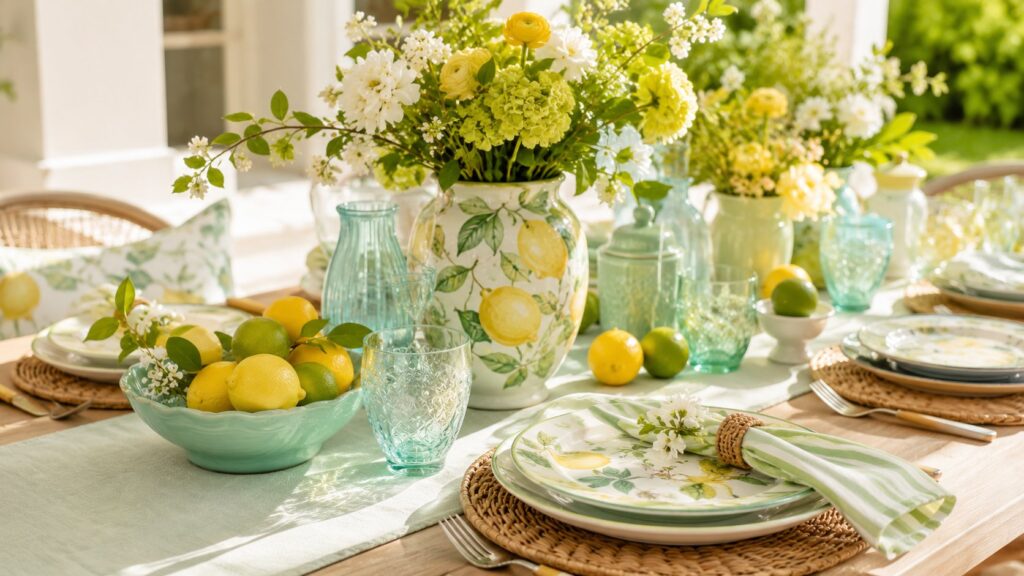 Luxury spring centerpiece featuring lemons, limes, aqua glassware, citrus-print tableware, fresh flowers, and elegant seasonal table styling