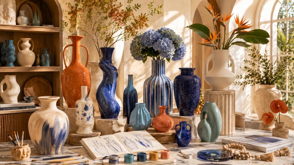 tatement ceramic vases for elegant home decor featuring sculptural artisan pottery, cobalt blue and terracotta vases, luxury floral arrangements, and designer interior styling