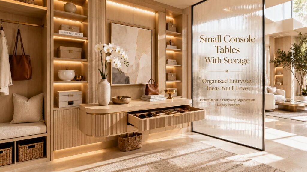 Small console table with hidden storage drawers in a luxury organized entryway featuring custom millwork, ribbed glass partition, backlit shelving, and modern home decor.