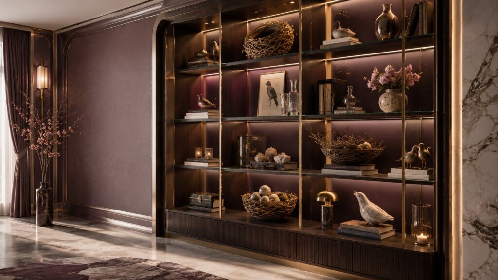 Styled shelves with nest inspired home decor accessories featuring illuminated built-in shelving, bird decor, woven nest sculptures, designer books, champagne brass accents, and luxury Art Deco interior design.