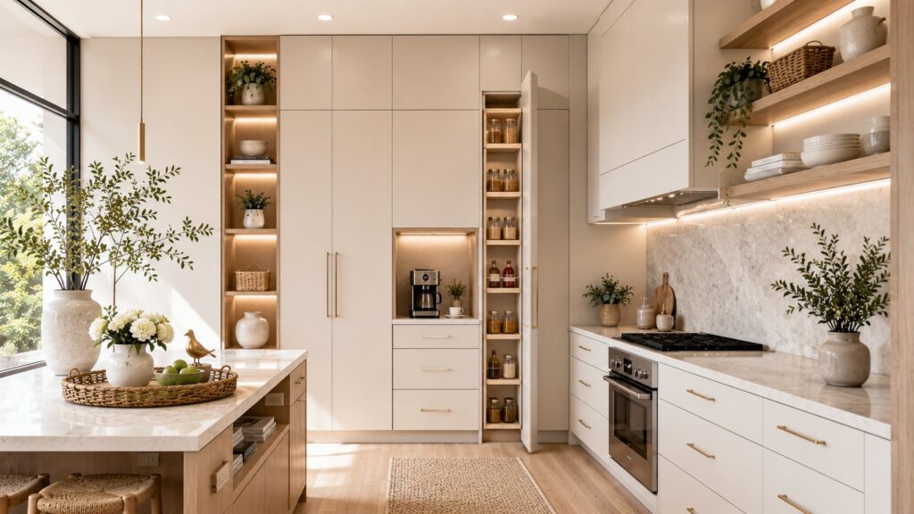 Modern small kitchen with floor-to-ceiling cabinetry, sleek vertical storage solutions, integrated pantry, white oak shelving, luxury home decor, and smart space-saving kitchen design.