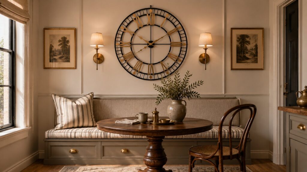 Vintage breakfast nook decor with a large Roman numeral wall clock, brass sconces, striped banquette seating, walnut pedestal table, and classic artwork.