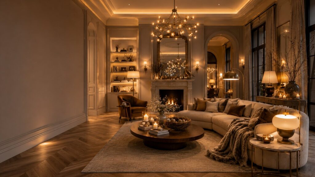 Warm lighting in nest inspired home decor featuring layered ambient lighting, chandelier, candles, brass lamps, fireplace glow, and luxury Parisian-inspired living room design.